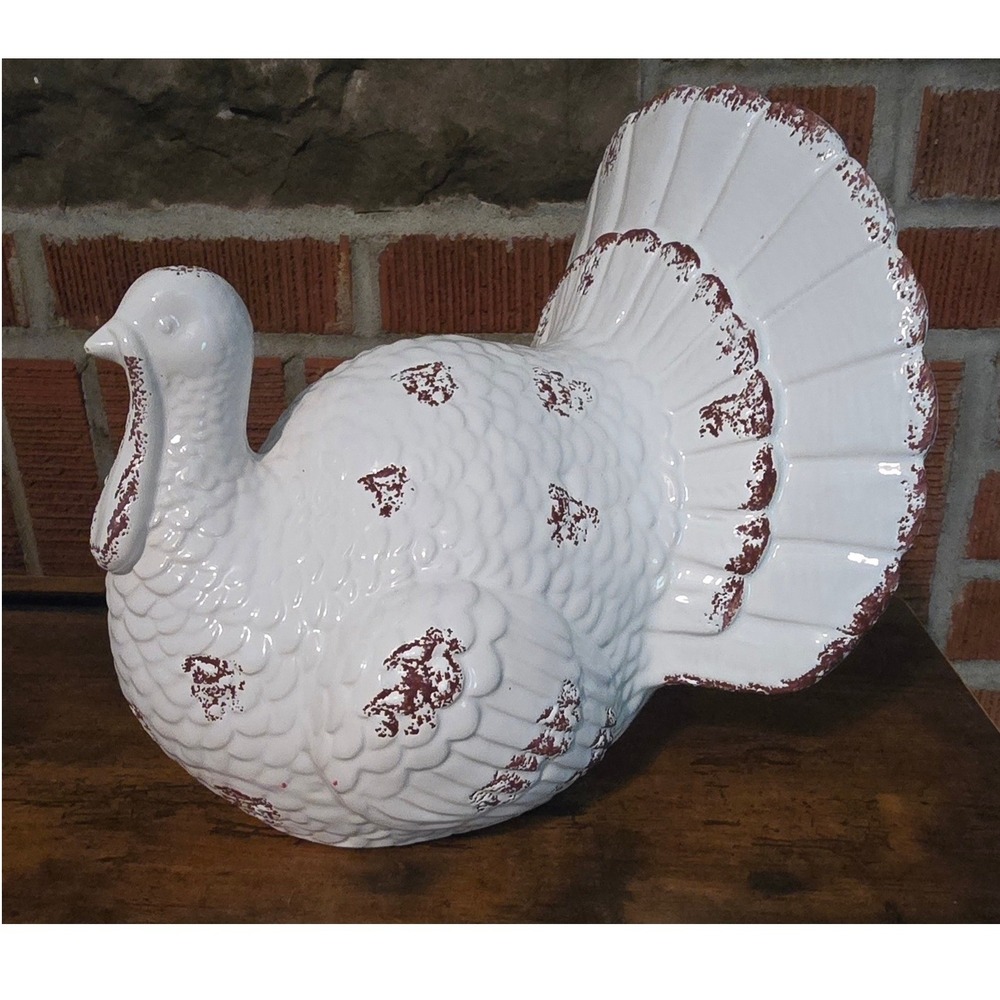 White Ceramic Turkey Centerpiece Figurine Decor Thanksgiving Fall Mantle Rustic